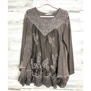Feratteli Womens Medium Brown Boho Embroidered Lace Cotton Tunic Top